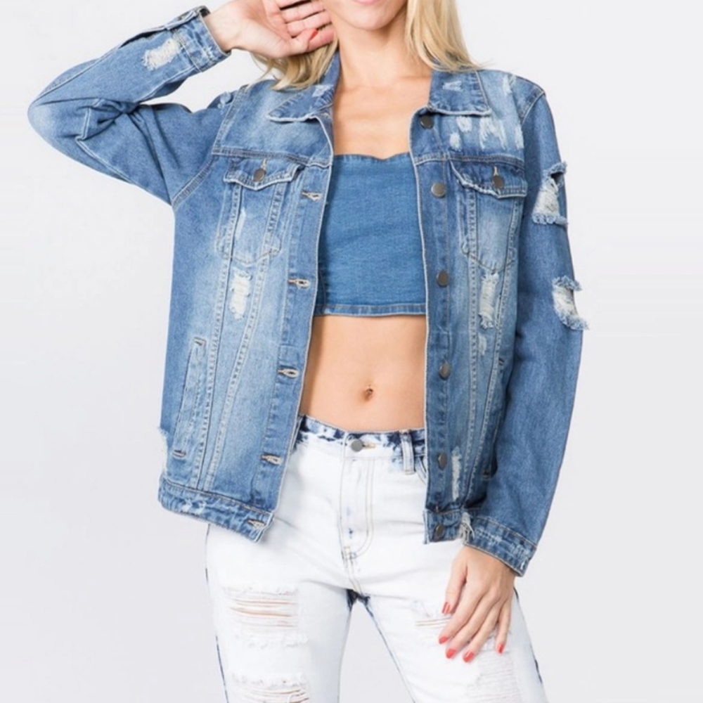 #177 🛑M BLACK FASHION TOUR DISTRESSED DENIM JACKET - Picture 6 of 8